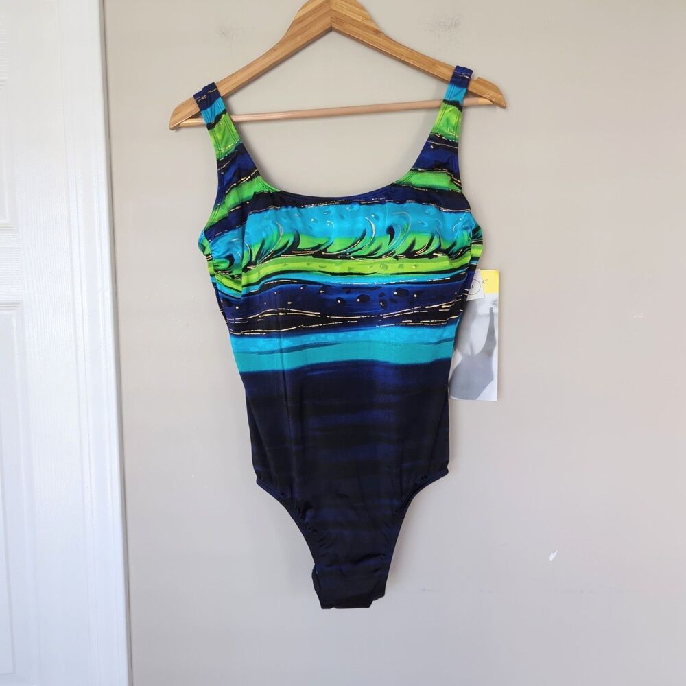 Longitude NWT One Piece Bathing Suit Blue Black Size 14 Tummy Control